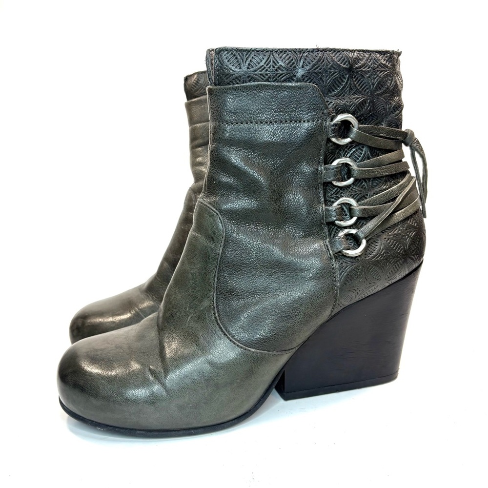 Miz Mooz Green Leather Ankle Boots with Embossed Back & Lace Rings